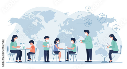 Illustration of people wearing masks and practicing social distancing in front of a world map, symbolizing global health and safety measures during a pandemic.