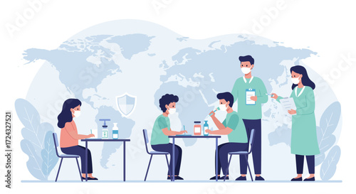 People wearing masks at tables with hand sanitizer and world map background.