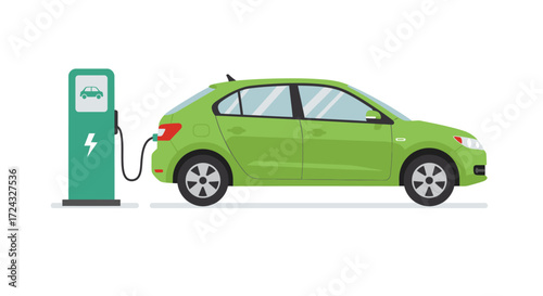 Green electric car charging at a station, representing sustainable transportation and eco-friendly technology.