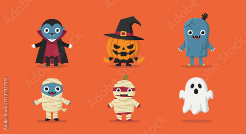 A collection of six cute cartoon Halloween characters including a vampire, ghost, and mummy on an orange background.