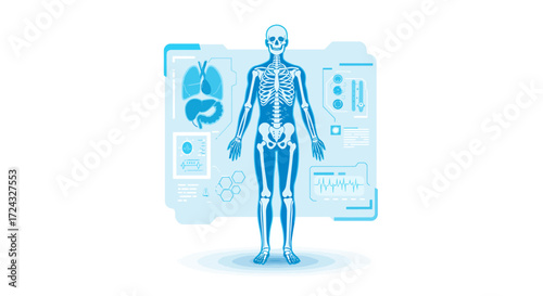 Anatomical illustration of the human body with internal organs and skeletal system displayed on a futuristic holographic interface.