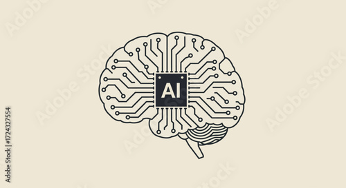 An illustrative depiction of a human brain integrated with a circuit board and an 'AI' chip, symbolizing artificial intelligence and machine learning.