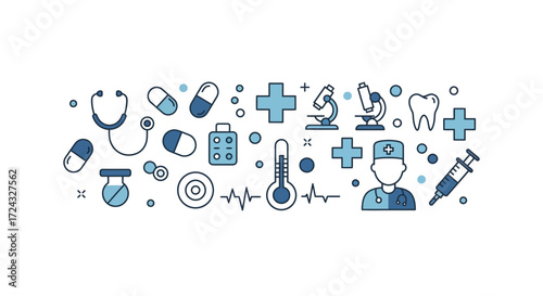 Medical icons and symbols in a banner-like arrangement.