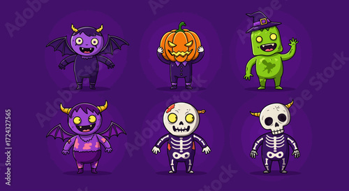 Six cute cartoon Halloween characters, including a demon, a pumpkin, a green monster, a zombie skeleton, a purple demon, and a skeleton.