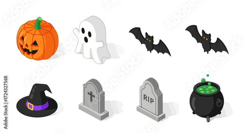 Isometric Halloween icons: pumpkin, ghost, bats, witch hat, tombstones, cauldron.