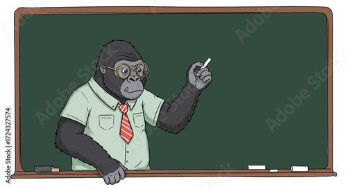 A cartoon gorilla wearing glasses and a tie stands at a chalkboard holding chalk.