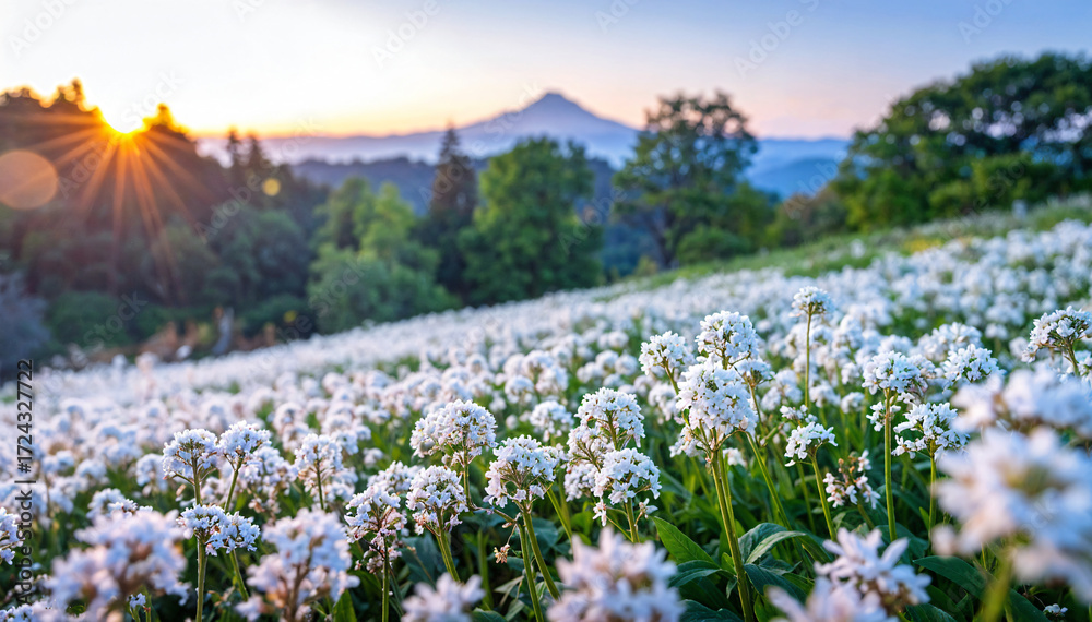 Fototapeta premium Expansive white flower field featuring lush green grass under a clear blue sky with drifting clouds, providing an idyllic landscape ready for text overlay.