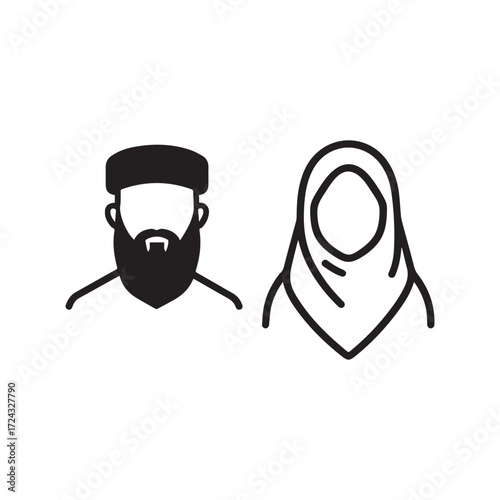 Simple black outline depicts a muslim man and woman on white background