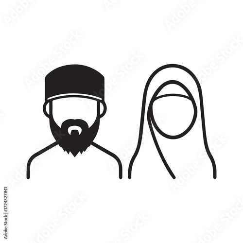 Black silhouette shows an arab couple wearing religious attire on a white background