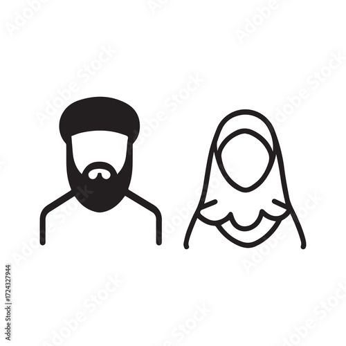 Black silhouette of muslim couple wearing traditional hijab and beard stands on white background