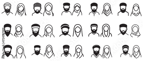 Line art shows diverse muslims with beards and hijabs against white background