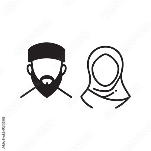 Outline represents a muslim man with kufi and full beard and hijab wearing woman on white background
