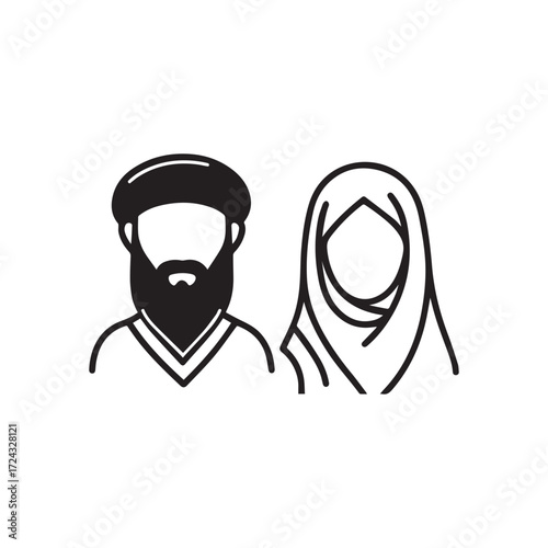 Outlined black and white of a Muslim couple with cultural attires on white background