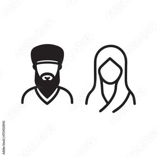 Simple black line icons of sikh man with turban and muslim woman with hijab on white background