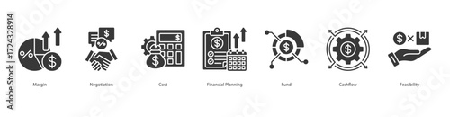 Cost Optimization Framework glyph banner web icon set vector illustration concept with icon of margin, negotiation, cost, financial planning, fund, cashflow, feasibility