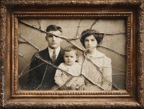 Vintage family portrait with cracked glass frame displaying a couple and their child in a nostalgic, sepia-toned photograph capturing memories from the past.