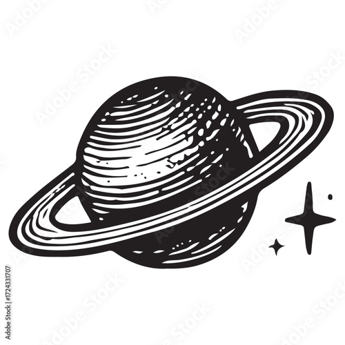 Hand-Drawn Saturn Planet with Rings, Cosmic Astrology Symbol, Vintage Space Science Illustration