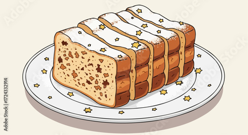 Christmas  delicious stollen bread recipe with powdered sugar and star decoration for christmas holiday celebration vector
