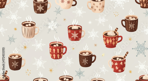 Christmas  seamless winter pattern with hot chocolate mugs and snowflakes for christmas holiday background design art print vector