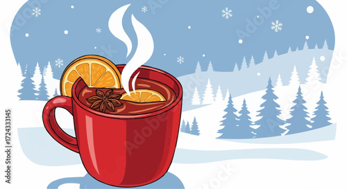 Christmas  winter mulled wine recipe christmas drink with orange and spices in red mug on snowy background christmas time vector