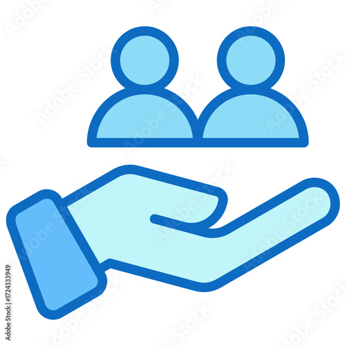 Customer Care Blue Fill Outline Icon Design Vector - Hand supporting two people icons, representing service, support, or client care