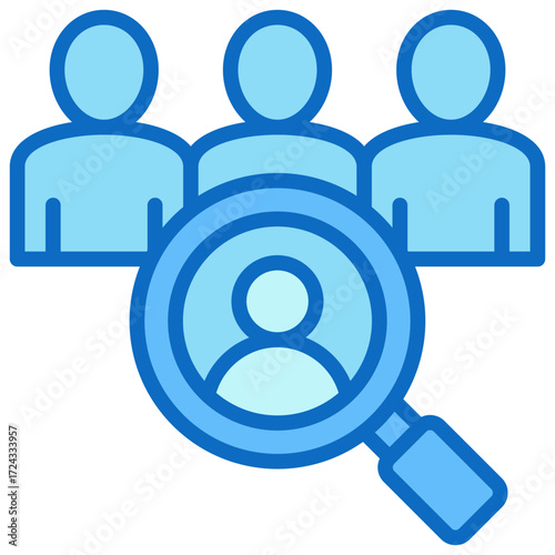 Candidate Search Blue Fill Outline Icon Design Vector - Magnifying glass over a person in a crowd, visualizing recruitment, HR selection, or talent acquisition