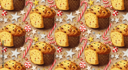 Christmas  seamless christmas panettone pattern background with candy canes and stars for holiday season design use vector