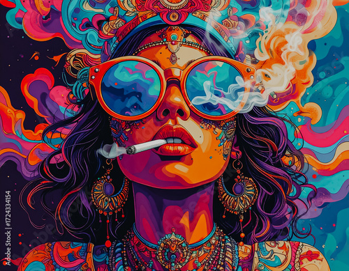 Hippy style smoking, bright colors, background