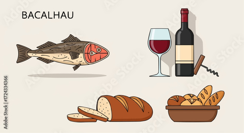 Christmas  bacalao portuguese cuisine with wine and bread vector illustration traditional portugal food and drink recipe vector