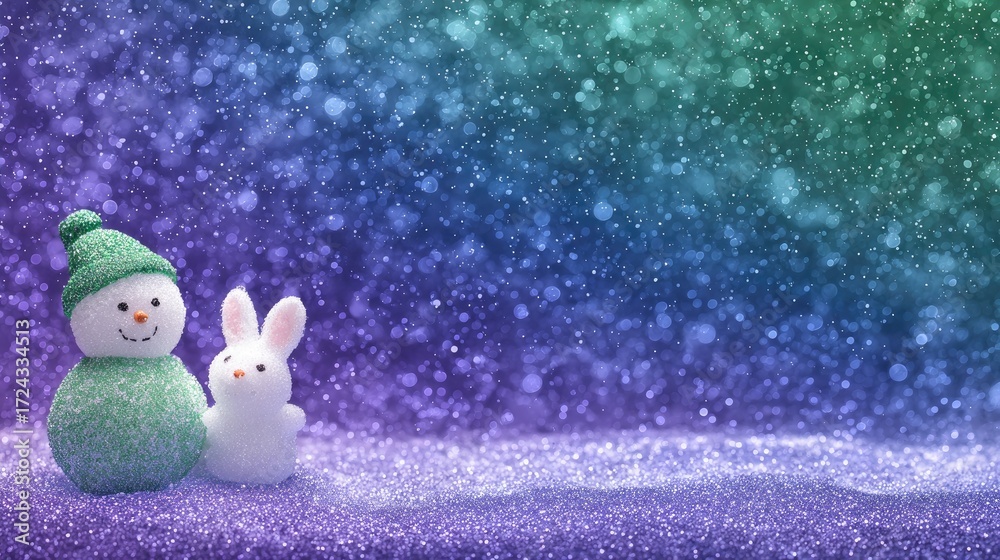 Fototapeta premium Festive Snowman and Bunny in Colorful Winter Wonderland Background
