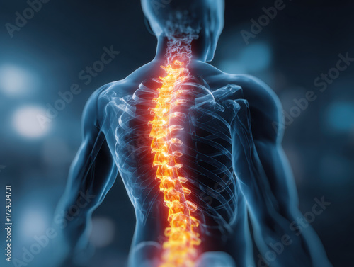Glowing spine illustration highlighting vertebrae and nervous system against a blurred background with blue and orange tones, emphasizing human anatomy and medical science.
