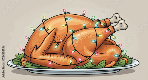 Christmas  festive thanksgiving turkey with christmas lights holiday dinner celebration roasted poultry food illustration vector