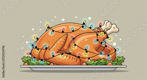 Christmas  festive thanksgiving turkey with christmas lights for holiday celebration and family dinner illustration vector