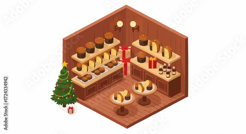 Christmas  isometric christmas bakery shop interior design with christmas tree and panettone display shelves view vector