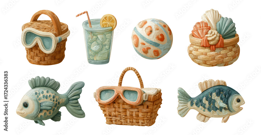 Fototapeta premium Decorative Beach-Themed Illustrations with Colorful Objects and Fish