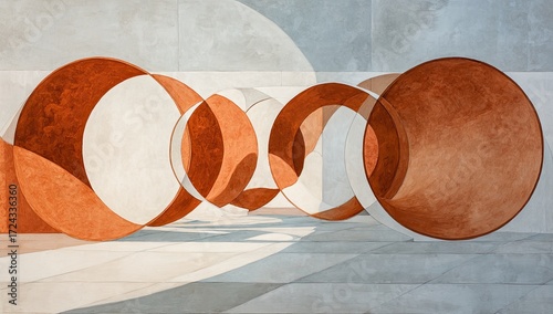 Abstract circles of rust color on light gray background
