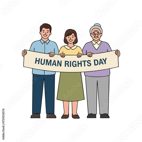 Three people holding a human rights day banner smiling