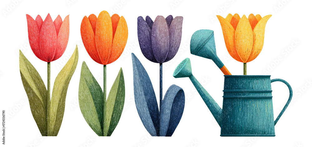 Fototapeta premium Colorful Floral Arrangement with Watering Can and Vibrant Tulip Designs