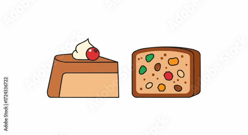Christmas  delicious fruitcake and pudding dessert recipe illustration for baking and holiday season sweet treats ideas vector