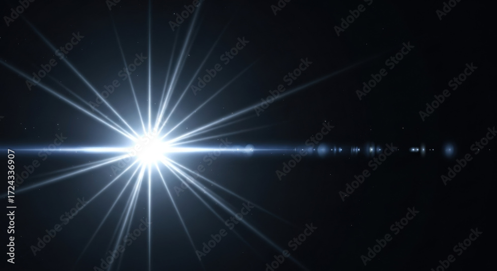 Fototapeta premium Luminous starburst with long light rays, glowing white flare on a black background