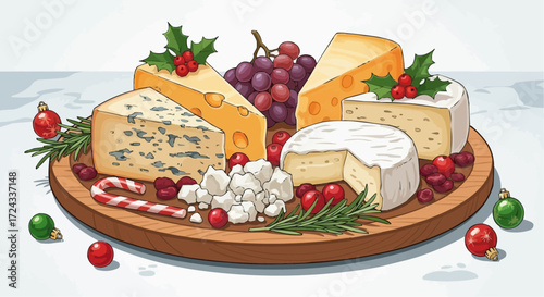 Christmas  delicious cheese board platter with grapes and christmas decorations for holiday entertaining and parties vector