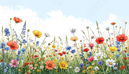 Fototapeta Naklejka Na Ścianę i Meble -  Colorful meadow flowers against a light blue sky
