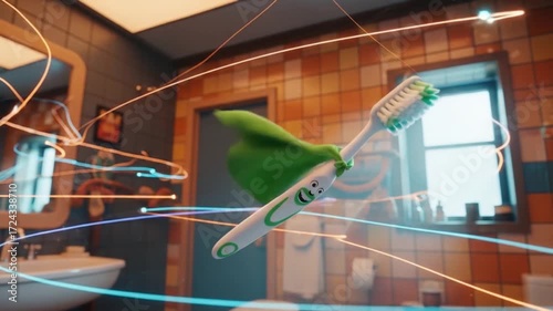 Animated Toothbrush Superhero Flying Through Bathroom with Light Trails
