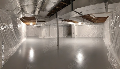 Empty basement with plastic sheeting