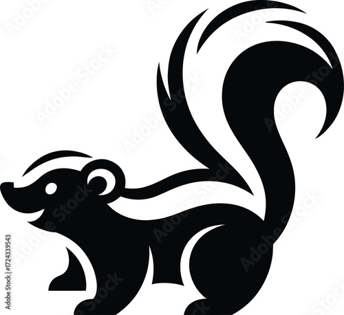 Stylized black skunk with white stripes on white background