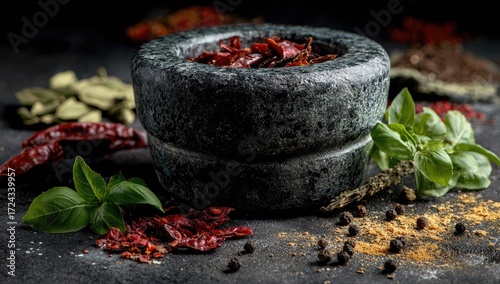 Close-up of various dried spices and herbs in a stone mortar