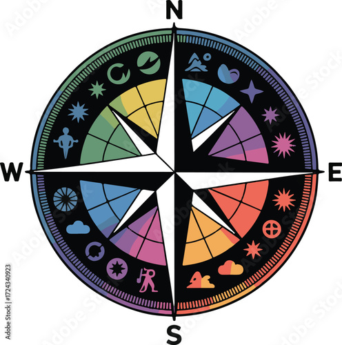 Colorful Compass Rose with Symbols Representing Diversity and Exploration
