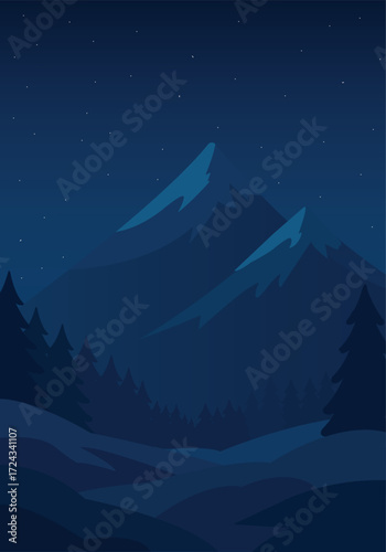 Winter night in mountain with snow.