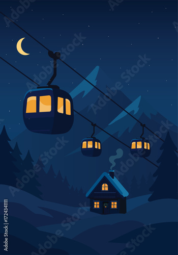 Winter night, winter landscape, mountain with snow and ski lifts