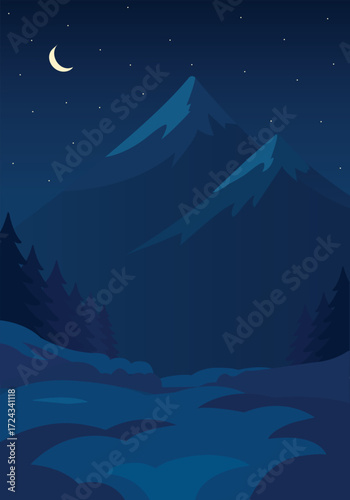 Winter night, winter landscape, mountain with snow.